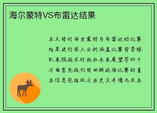 海尔蒙特VS布雷达结果
